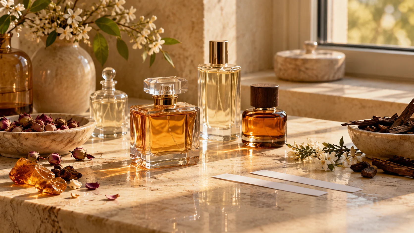 شیشه‌های عطر و مواد الهام‌بخش رایحه در نور طبیعی