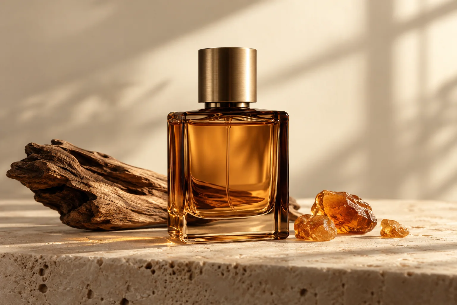 تصویر هنری شیشه عطر کهربایی روی سنگ روشن